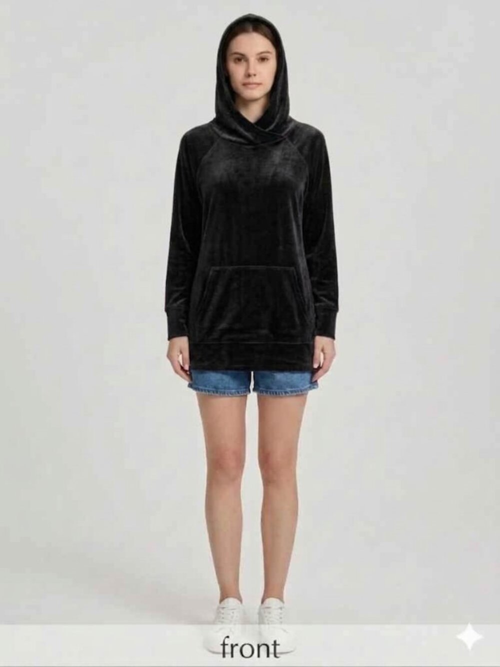 Women's black Velvet Hooded Pullover with Kangaroo Pocket